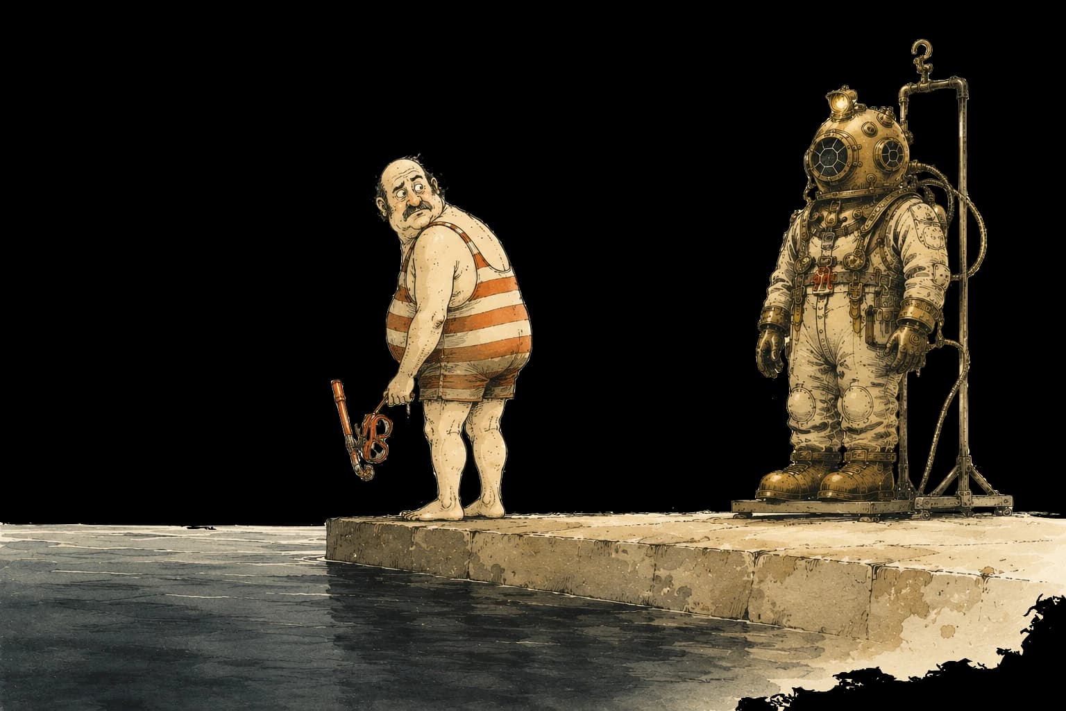 A swimmer in a striped bathing suit stands on a dock with a snorkel, eyeing an empty deep-sea diving suit beside him.