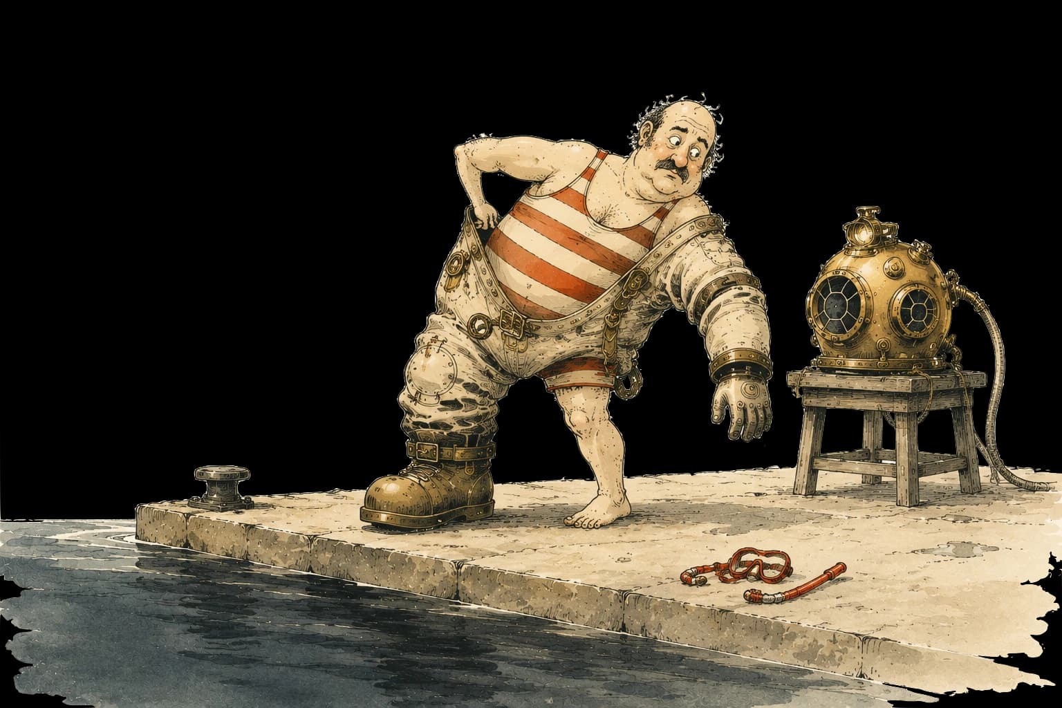 The same swimmer pulling on a deep-sea diving suit on the dock, snorkel discarded beside him.