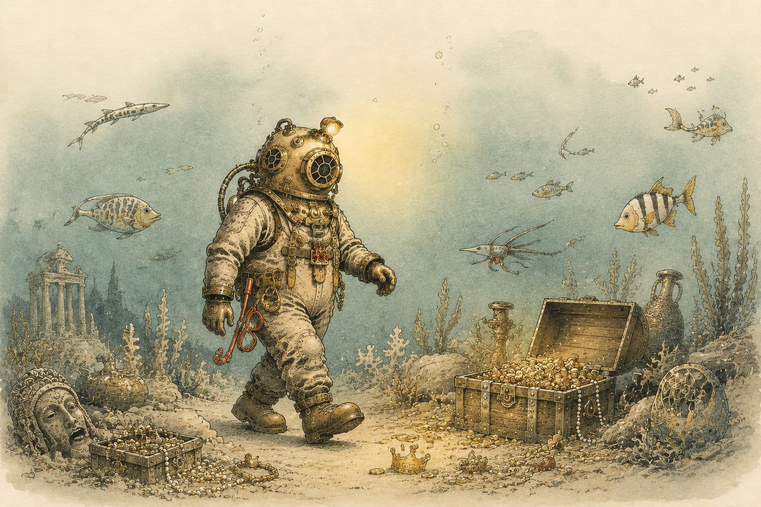 The diver, now fully suited and underwater, walking past an open treasure chest spilling gold and pearls.